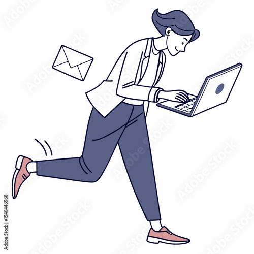Busy businesswoman running with laptop and email