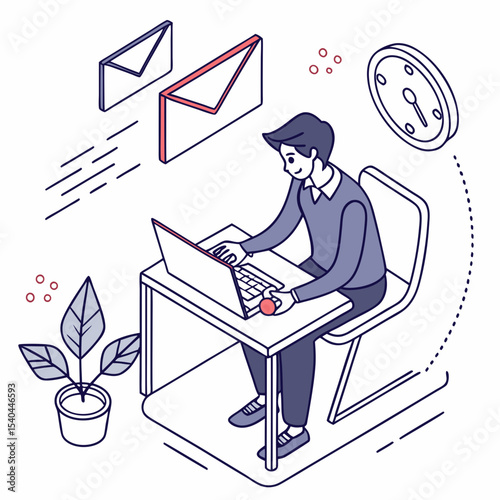 Man working on laptop receiving emails time management office desk plant