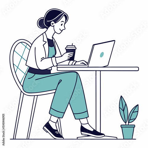 Woman working on laptop at cafe enjoying coffee break