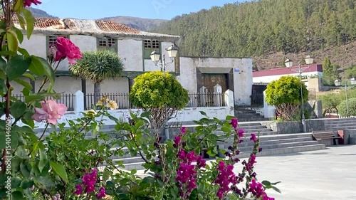 View of Vilaflor mountain village with beautiful blooming roses in the foreground in Tenerife,Canary Islands,Spain.Selective focus.