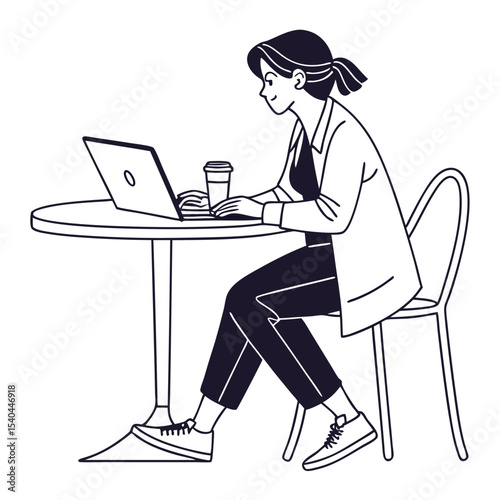 Young woman working on laptop at cafe table coffee break