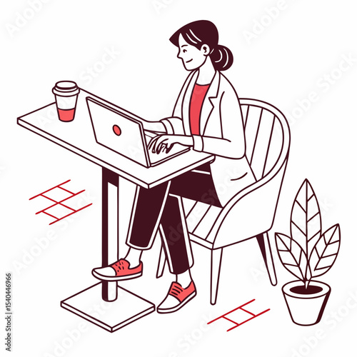 Woman working on laptop at outdoor cafe enjoying coffee break