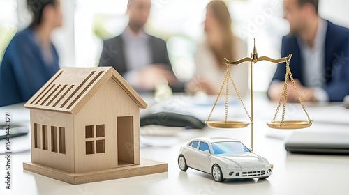 House and car model with scale and lawyers discussing in background