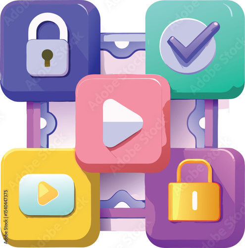 Colorful app interface design with security and playback icons