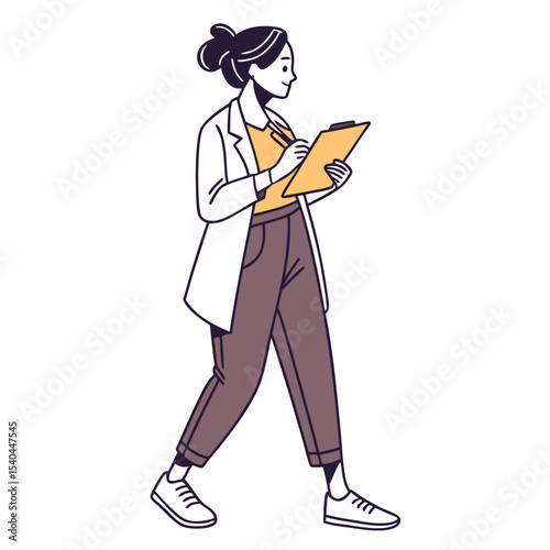 Female doctor walking and taking notes on clipboard