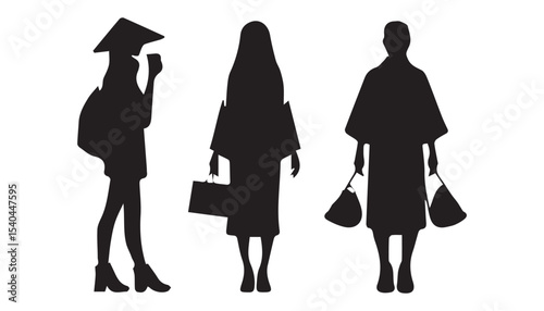 black color japanese woman wearing Kimono traditional clothes silhouette vector illustration, solid white background