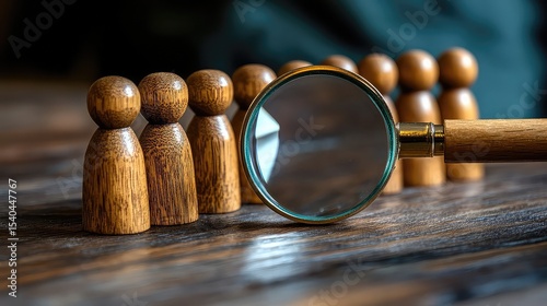 A magnifying glass focuses on wooden figures lined up in a row, implying close examination of individuals. 