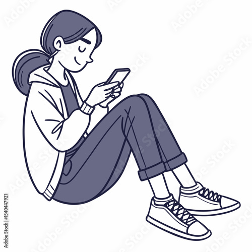 Young woman sitting cross legged using smartphone casual outfit