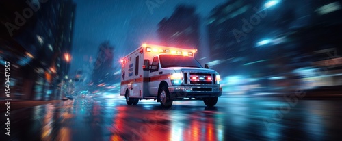 The ambulance racing through the city streets in the rain at night.