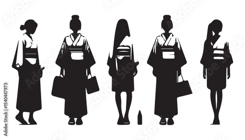 black color japanese woman wearing Kimono traditional clothes silhouette vector illustration, solid white background
