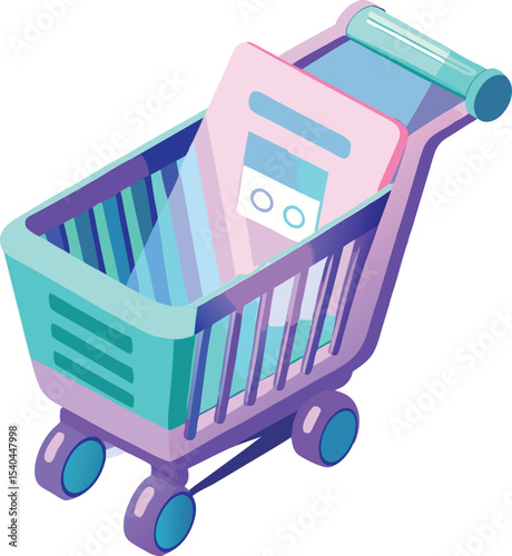 Pastel shopping cart with digital product illustration