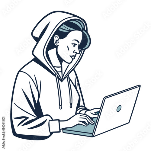Woman in hoodie using laptop computer working remotely online