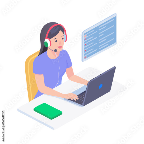 Professional isometric illustration of female customer service agent working on laptop with transparent background