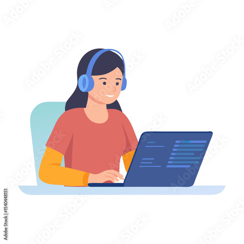 Woman with headphones working on laptop computer, transparent background