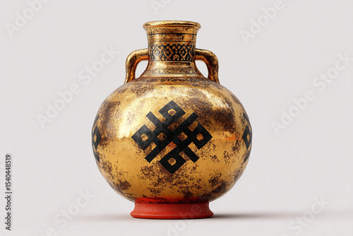 A photorealistic Ashanti brass water jug with golden polished surface