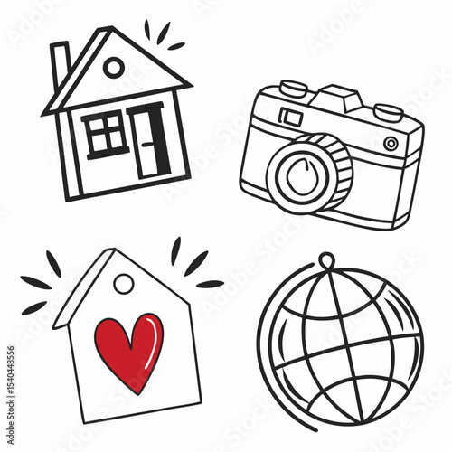 House camera tag globe travel home sweet home doodle illustration
