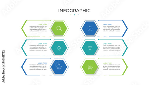 Infographic design template with 6  options, steps or processes. Can be used for workflow layout, diagram, annual report, web design