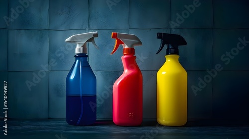 A moody photograph depicting three colorful spray bottles on a textured background, lit by gentle soft light, low contrast, and subtle illumination, conveying a strong atmospheric mood