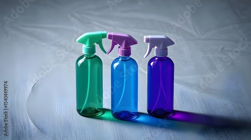 Three colorful spray bottles on a textured background, lit by soft cool light, showcasing blues, greens, and purples, diffused shadows, and subtle illumination 