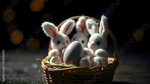 A blurred bokeh effect and high contrast low key lighting highlight three cute plush bunnies and an egg in an Easter basket; deep shadows create a dramatic effect with sharp subject focus and a soft