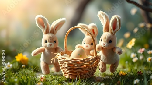Three cute plush bunnies and an egg in an Easter basket move dynamically through a mystic enchanting environment; gentle color contrasts and a dreamlike atmosphere create an otherworldly ethereal 