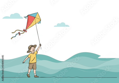 A boy flies a colorful kite on a breezy day. A joyful scene with a child and a vibrant kite against a blue sky and rolling hills. Perfect for summer and childhood memories.