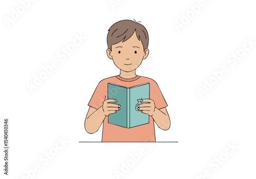 A young boy reads a book about mental health, conveying support and understanding. Soft colors and a simple illustration style create a comforting visual.