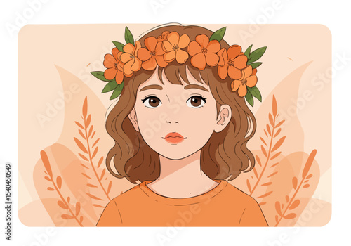 charming  girl wears a vibrant orange flower crown radiating purity and joy Soft pastel colors and a dreamy background create a beautiful inviting illustration suitable for various commercial uses