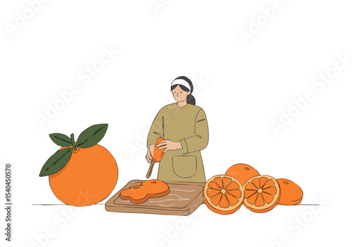 A female chef skillfully slices oranges on a wooden board, surrounded by fresh fruit. Warm, inviting, and perfect for food-related visuals.