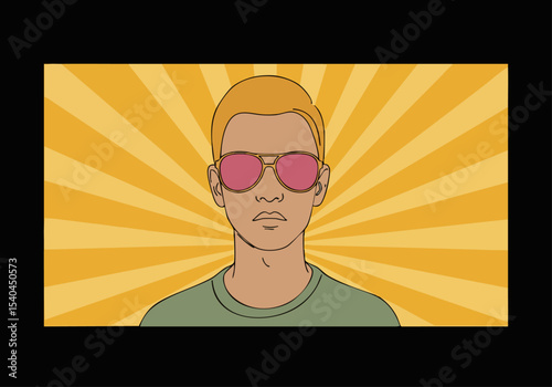 Cool young man wearing sunglasses, radiating confidence. Retro style, vibrant yellow background. Perfect for lifestyle and fashion campaigns.