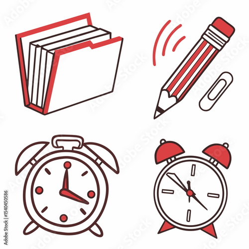Red and white office supplies and alarm clocks illustration