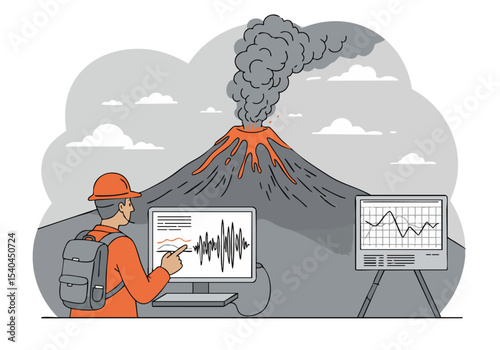 A geologist monitors a volcano with seismic data on screens. A dynamic illustration showcasing volcanic activity and scientific observation. Modern, informative design.