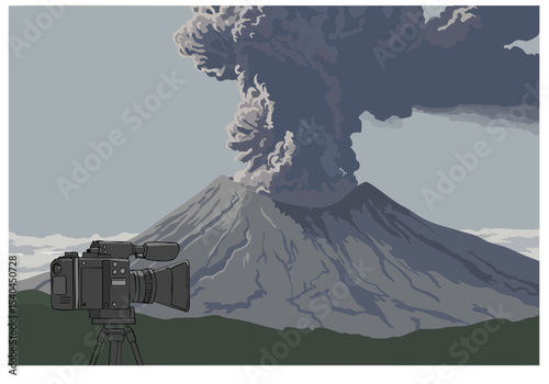 film camera captures a dramatic volcanic eruption A striking composition featuring a volcano and a camera tripod creates a powerful visual Suitable for nature disaster or documentary themes