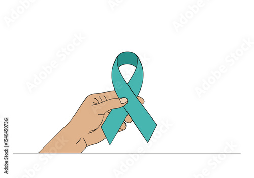A hand holds a teal awareness ribbon against a blurred background. Simple, modern illustration with soft teal tones. Ideal for health campaigns and support initiatives.