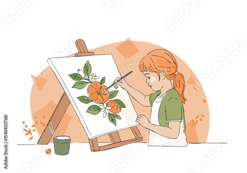 A young girl paints a floral design on an easel.  Warm colors and a focused expression create a charming, artistic scene. Suitable for design, art, and creative concepts.