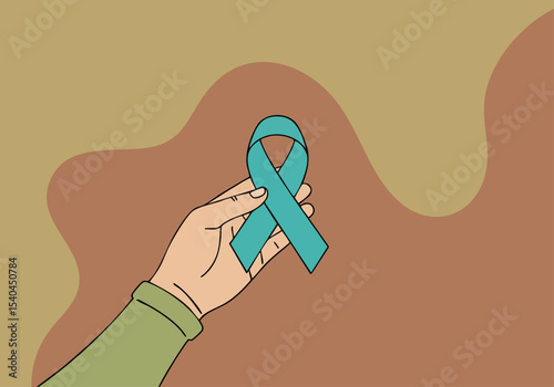 A hand holds a teal ribbon, symbolizing awareness. Soft teal background with a wavy shape. Clean, modern illustration style. Suitable for mental health campaigns.