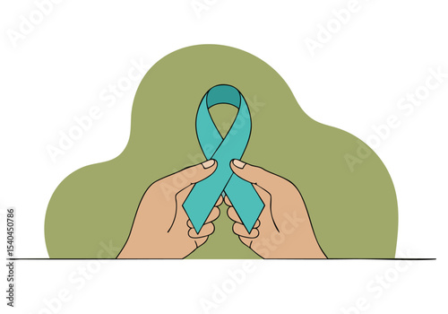 Hands hold a teal awareness ribbon against a soft, blurred background. Clean, modern illustration style. Suitable for health campaigns and mental health awareness.