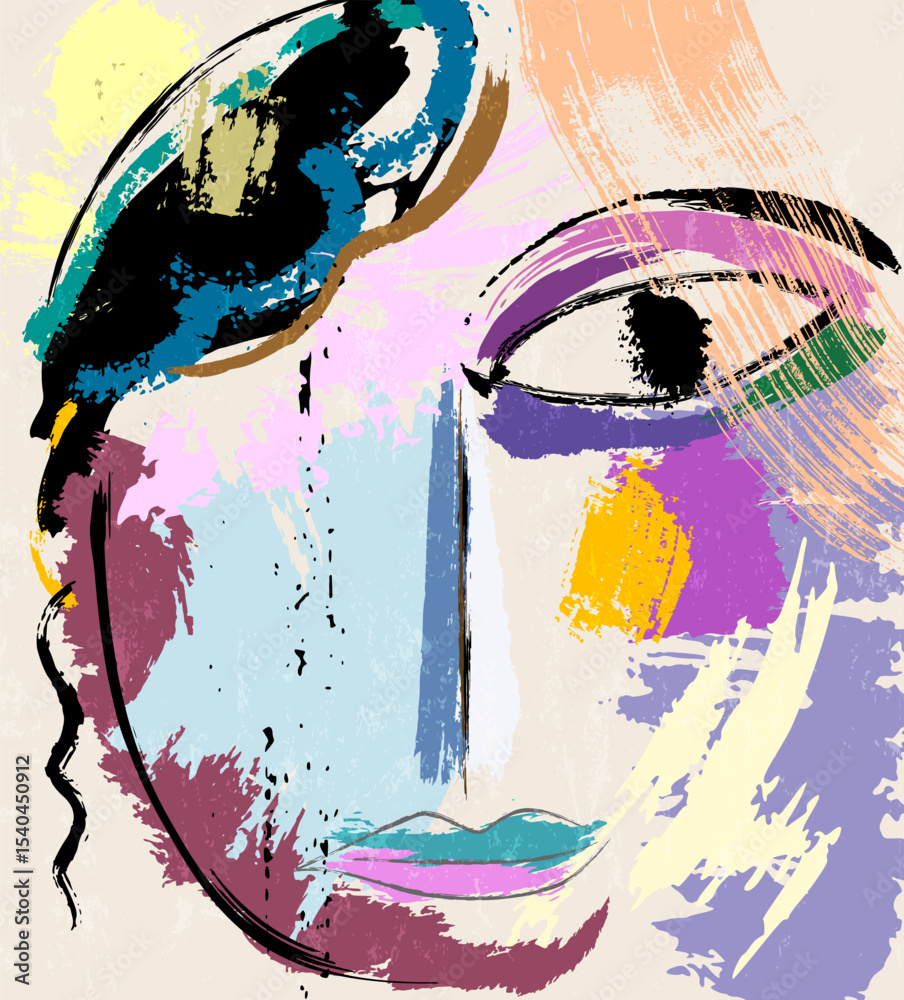 Fotobehang Abstract met Penseelstreken abstract colorful background, illustration with lines, waves, circles, paint strokes and splashes, face or mask #1540450912