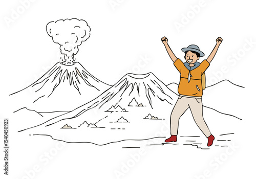 joyful scout celebrates a volcanic eruption symbolizing hope and discovery Dynamic composition with a dramatic landscape and an excited explorer Perfect for adventure and resilience themes