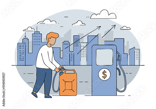 A man fills a jerrycan at a gas station amidst a cityscape, symbolizing a fuel crisis. Modern, graphic illustration with a focus on the economic impact.