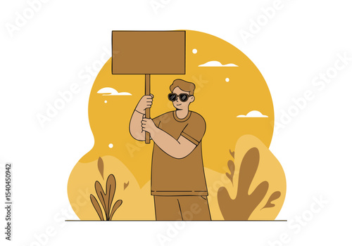 A man holds a blank protest sign, wearing sunglasses and standing outdoors. A warm, illustrated style creates a modern, approachable feel.