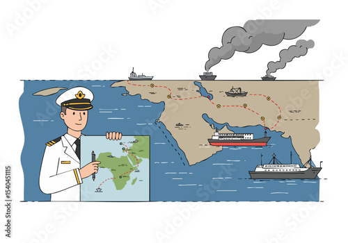 A naval officer navigates price risk using a map, surrounded by ships and a coastal landscape. Illustrative, modern style.