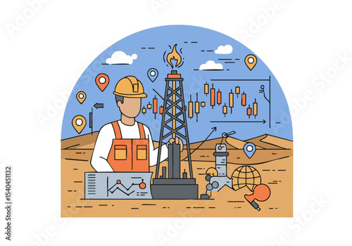 Oil rig worker oversees operations with charts and equipment. A dynamic illustration depicting risk, energy, and financial trends. Modern, vector style.