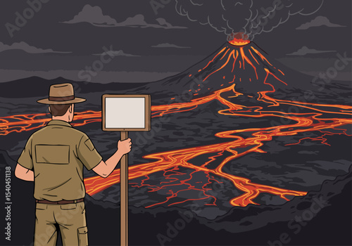 A park ranger observes a fiery lava flow erupting from a volcano. A warning sign stands nearby, creating a dramatic and visually striking scene. High contrast, detailed illustration.