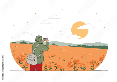 A photographer captures a vibrant field of flowers with a stunning sunset backdrop. A male figure, dressed casually, uses a camera, showcasing a beautiful outdoor photography scene.