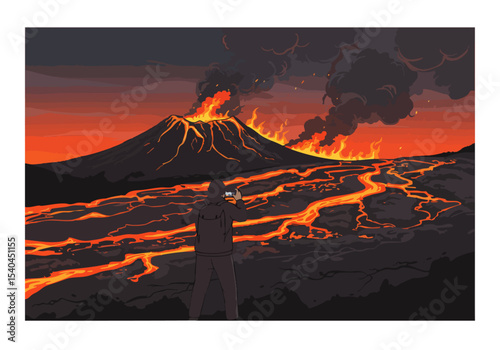 photographer captures a dramatic lava flow eruption Intense orange lava flows across a dark volcanic landscape A lone figure observes the fiery spectacle Dynamic and visually striking