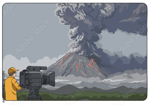 A professional captures a dramatic volcanic eruption with a camera. A towering volcano spews ash against a cloudy sky. Dynamic, impactful image.