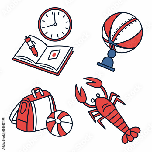 Fun summer school break activities clock book bag ball crab globe