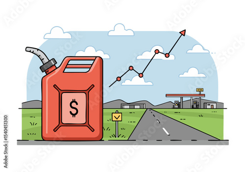 Rural fuel prices surge upwards, illustrated with a gas can and rising cost graph against a roadside landscape. A clear, modern graphic depicting economic trends.