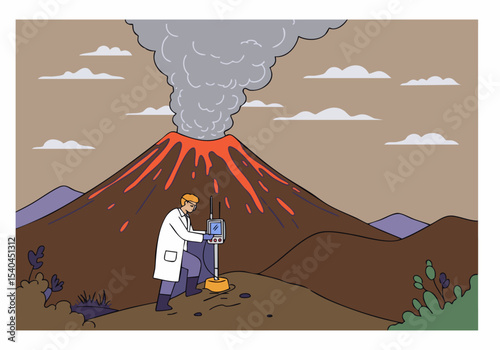 A scientist monitors a volcanic eruption with a device. Dramatic landscape, fiery volcano, and a focused professional.  Illustrative style, vibrant colors.